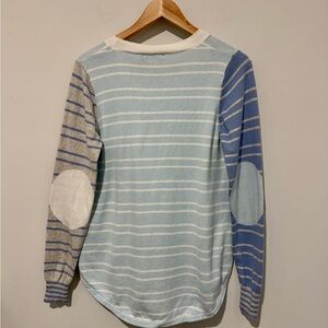 Striped Crew Neck Sweater - Blue, Gray, and Cream with arm patches